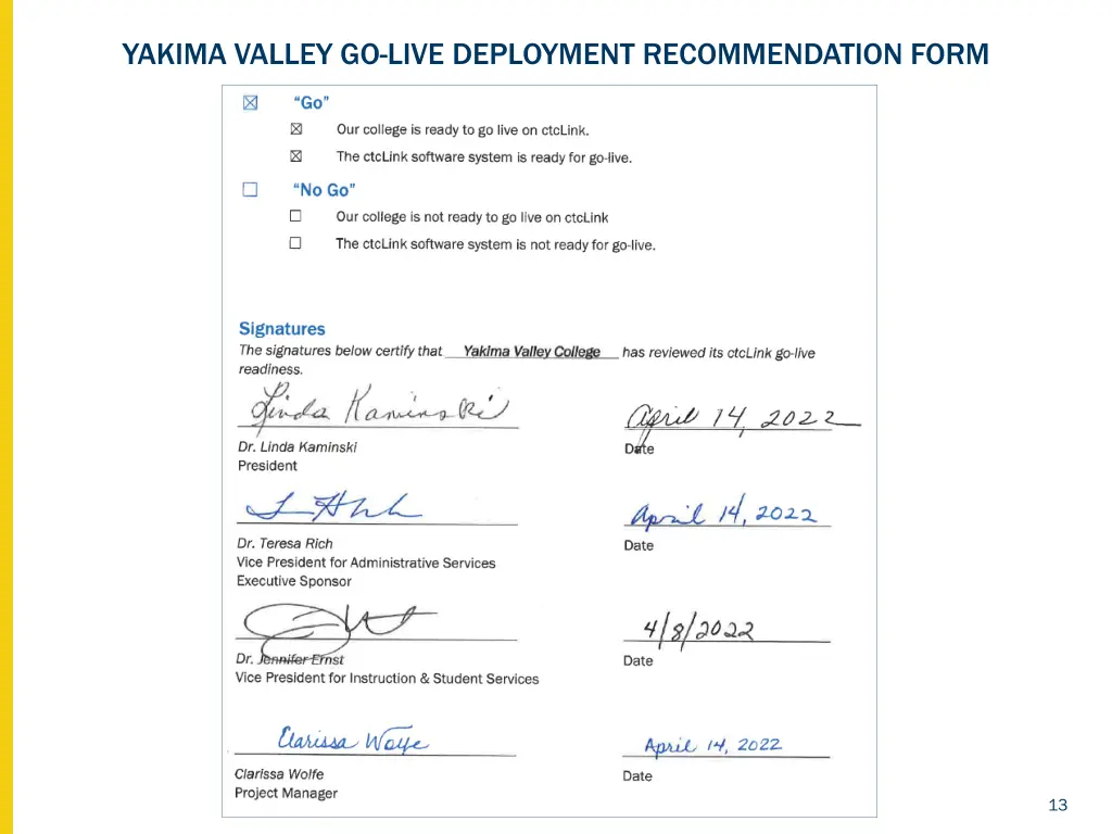 yakima valley go live deployment recommendation