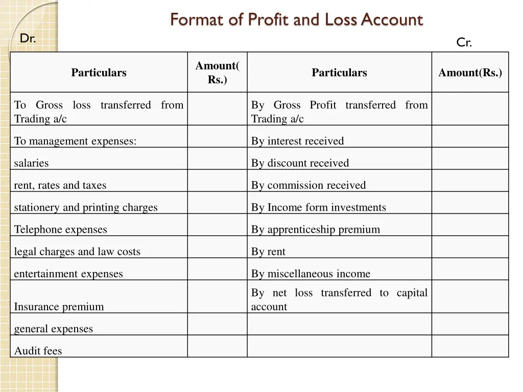 format of profit and loss account