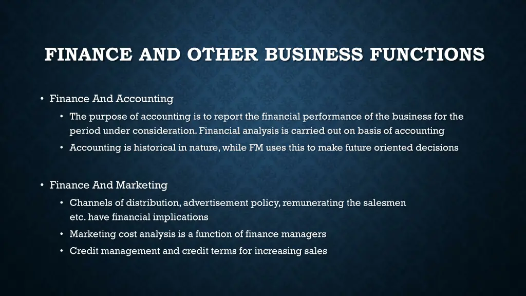 finance and other business functions