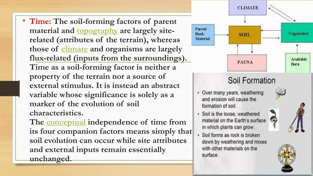 time the soil forming factors of parent material