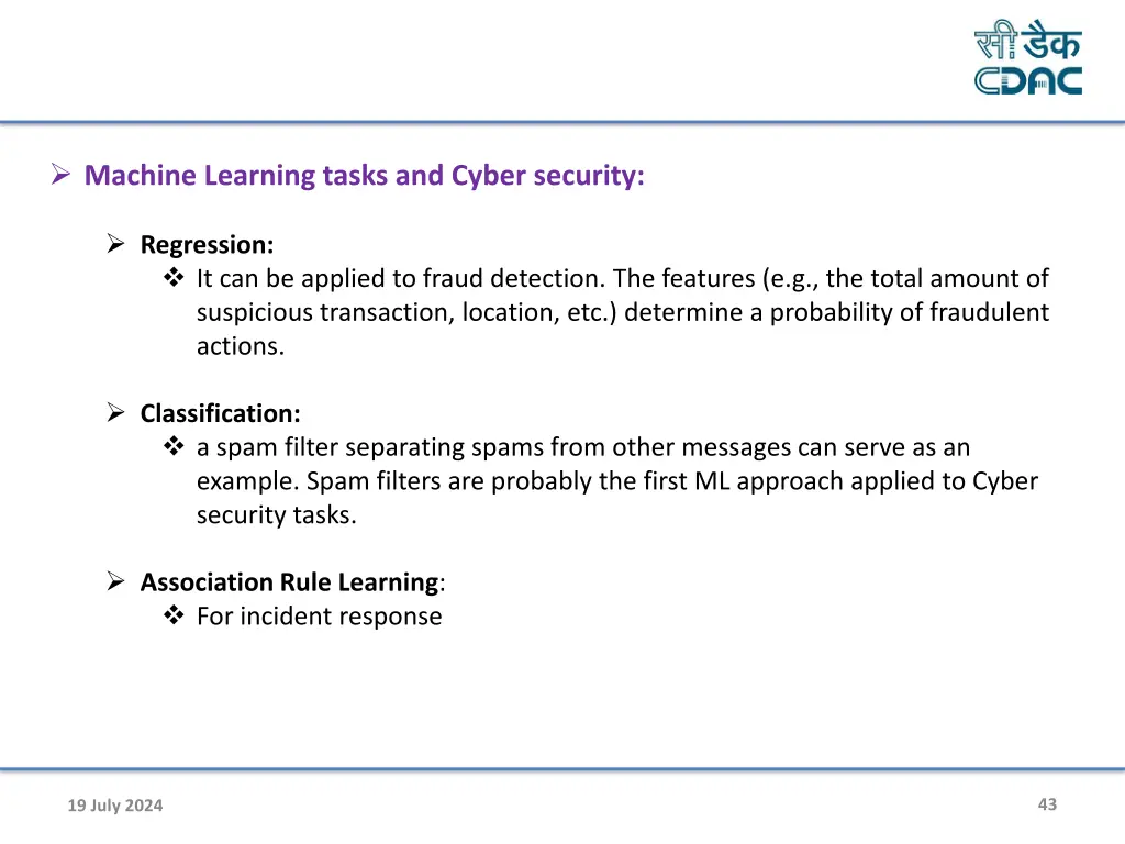 machine learning tasks and cyber security