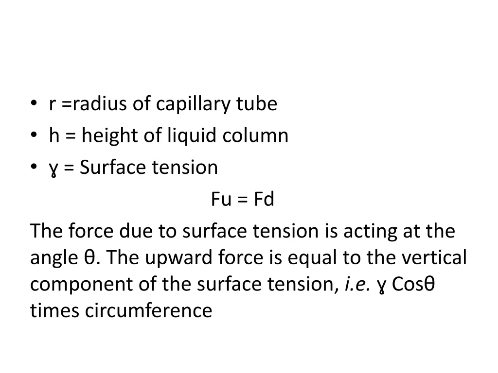 r radius of capillary tube h height of liquid