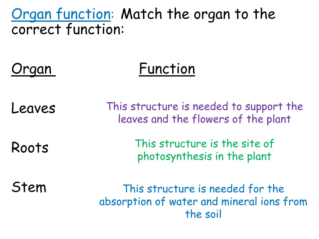 organ function match the organ to the correct