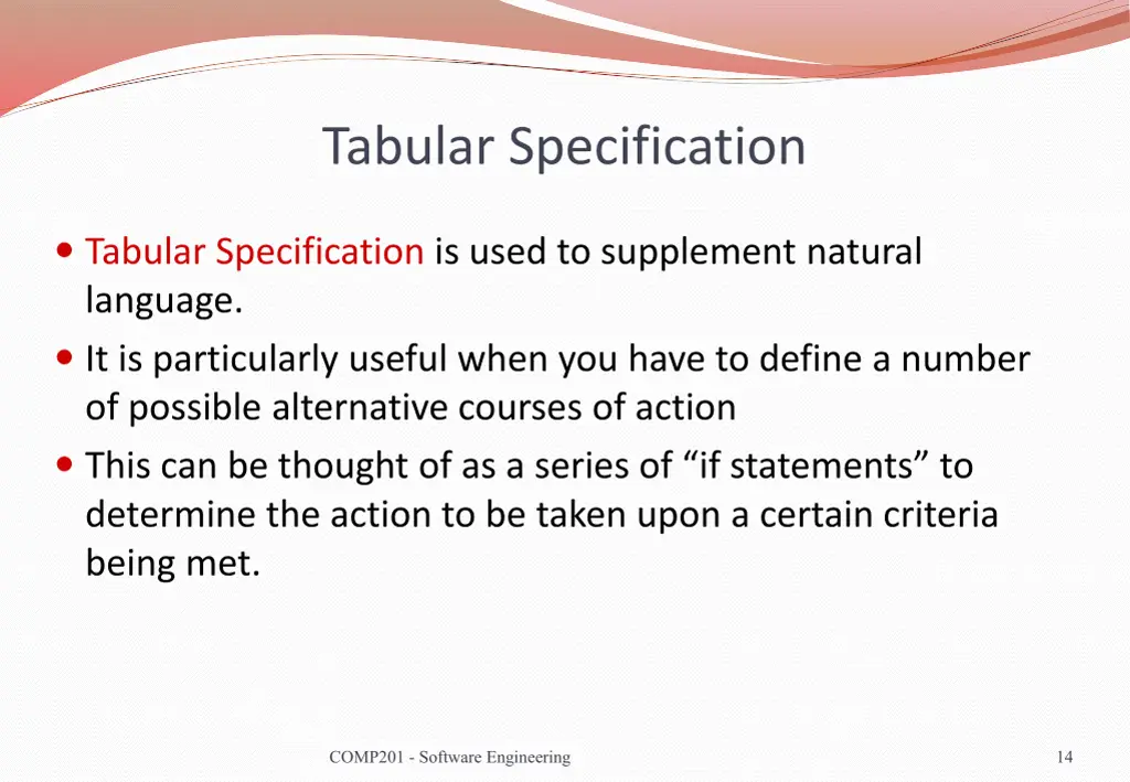 tabular specification