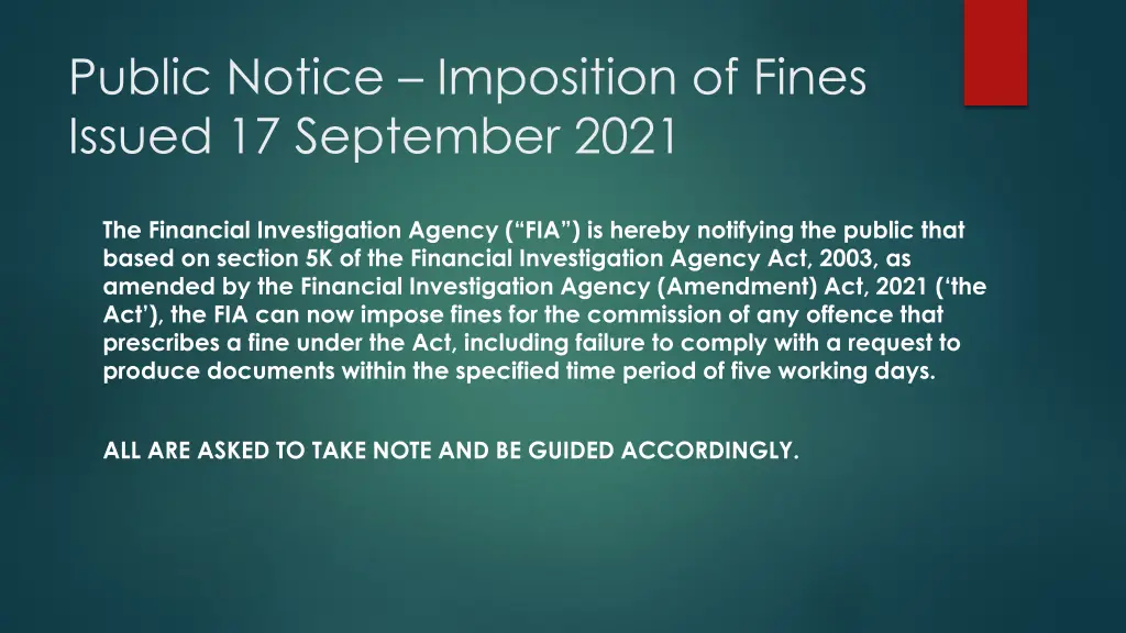 public notice imposition of fines issued