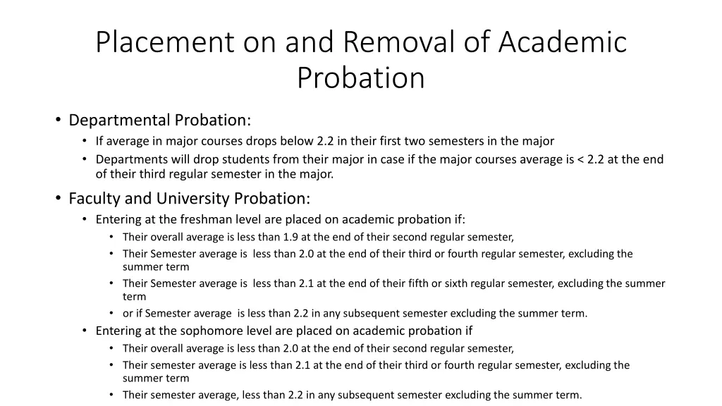 placement on and removal of academic probation