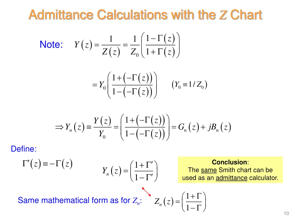 admittance calculations with the z chart