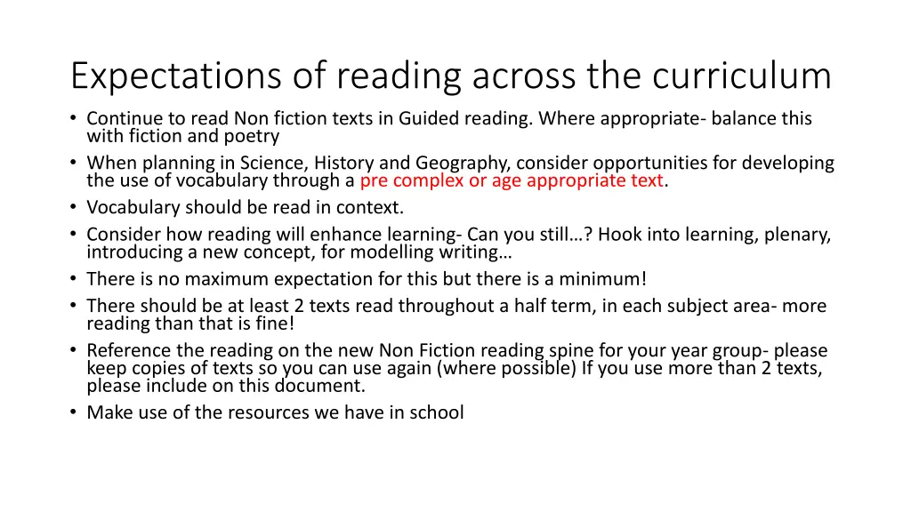 expectations of reading across the curriculum