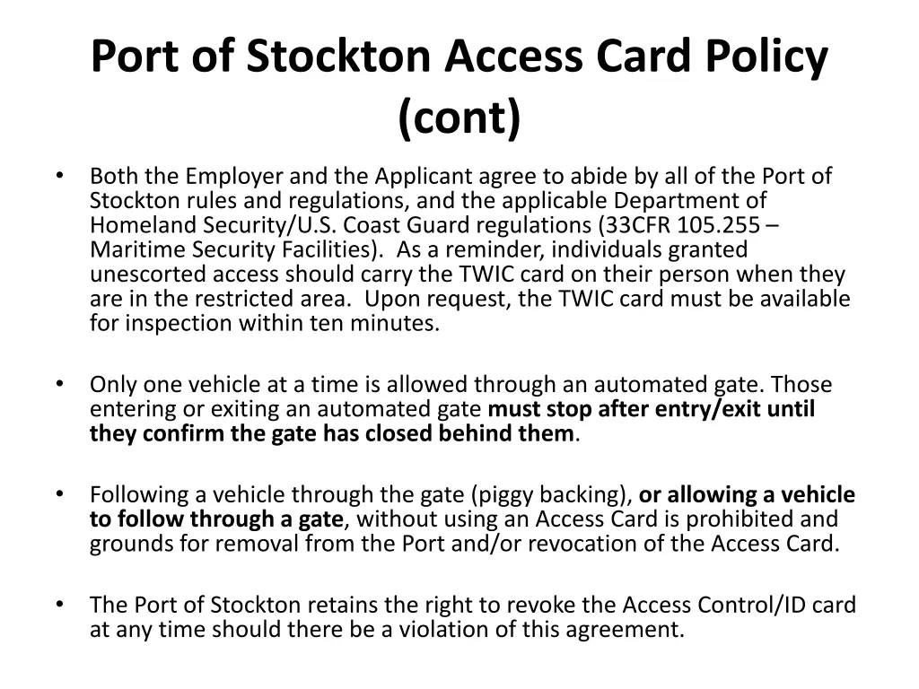 port of stockton access card policy cont