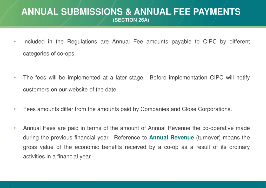 annual submissions annual fee payments section 26a