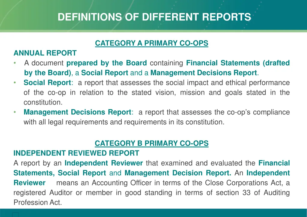 definitions of different reports