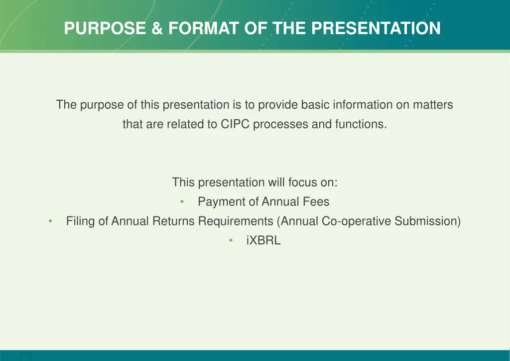 purpose format of the presentation