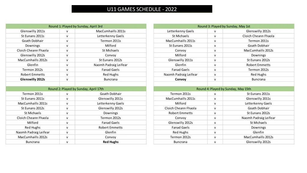 u11 games schedule 2022