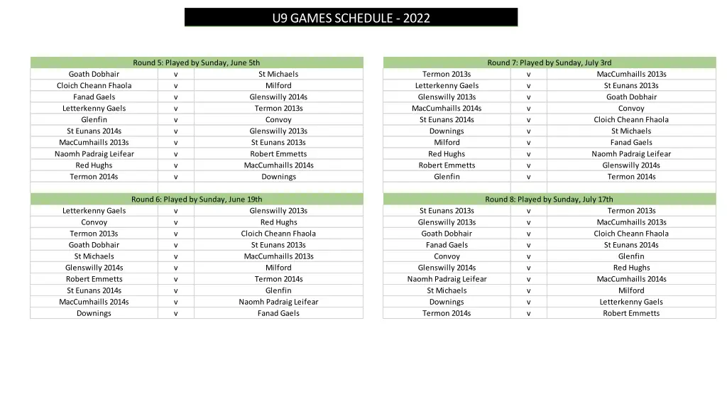 u9 games schedule 2022 1