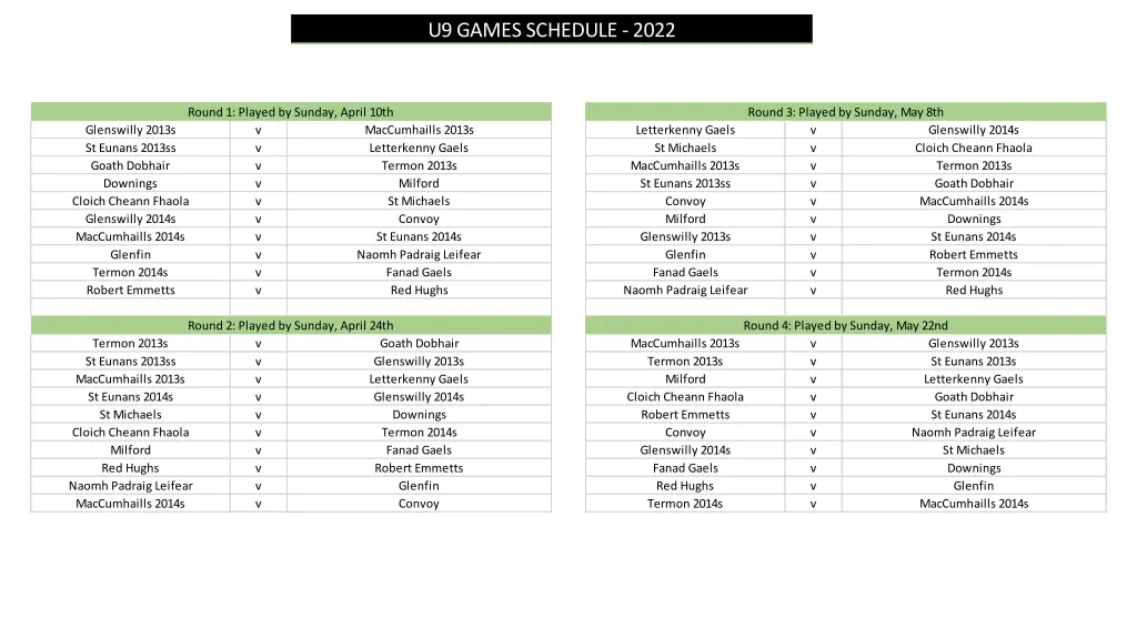 u9 games schedule 2022