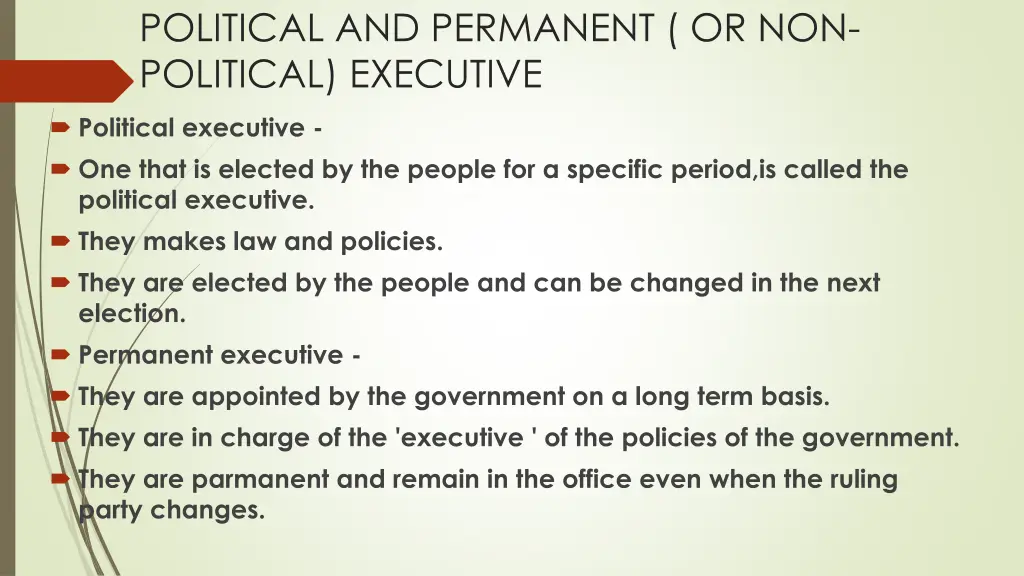 political and permanent or non political executive