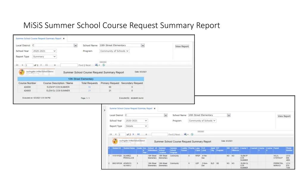 misis summer school course request summary report