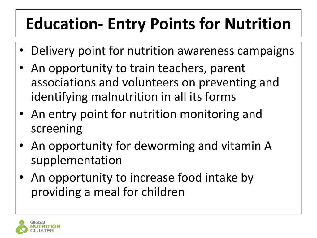 education entry points for nutrition