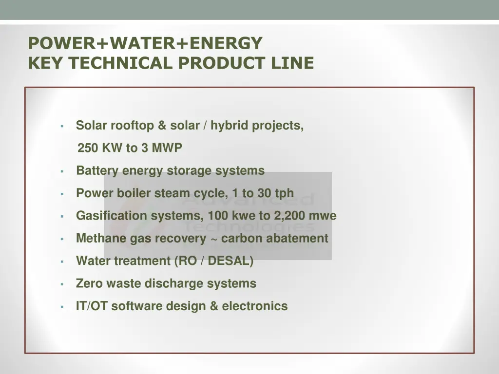 power water energy key technical product line