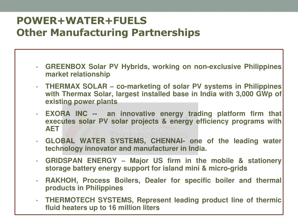 power water fuels other manufacturing partnerships