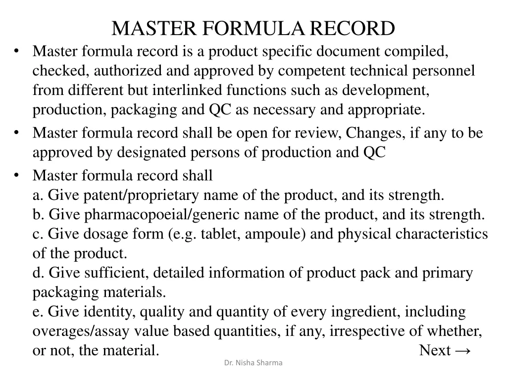 master formula record master formula record