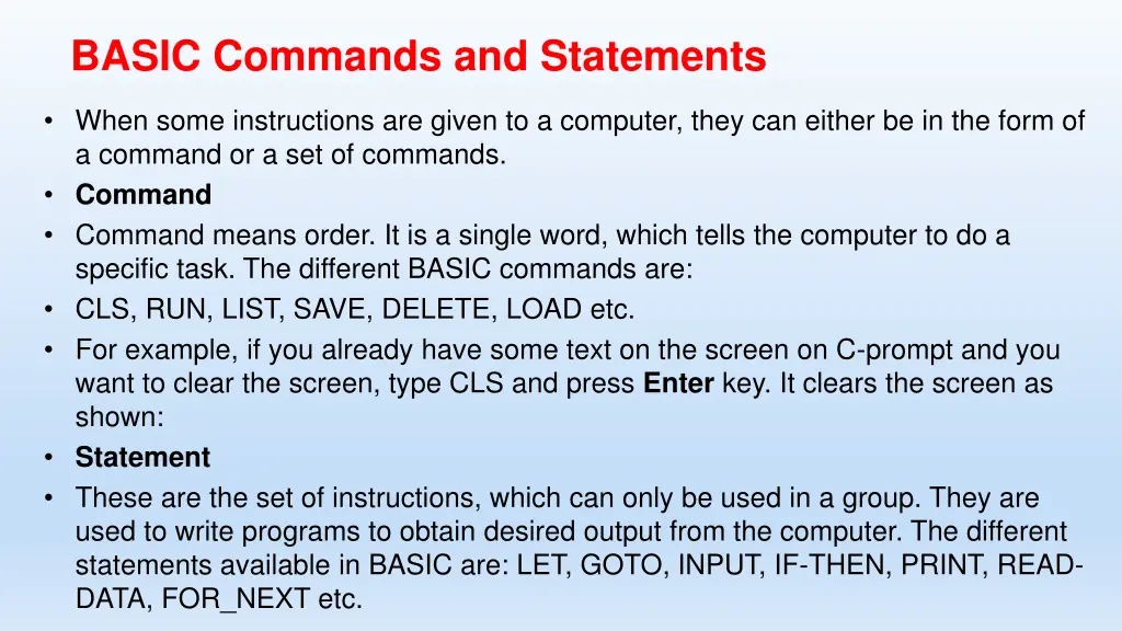 basic commands and statements