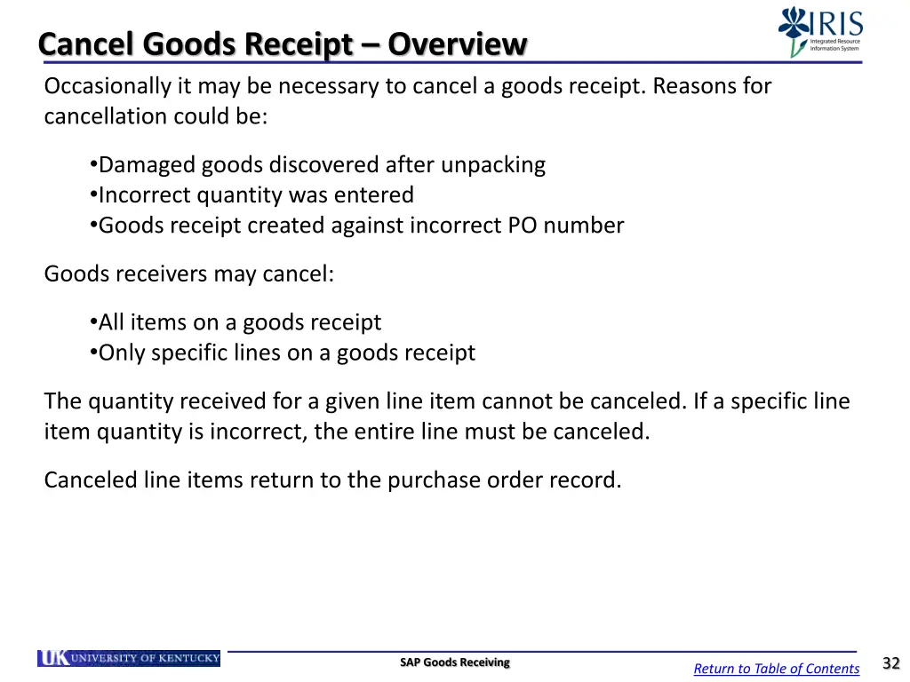 cancel goods receipt overview occasionally