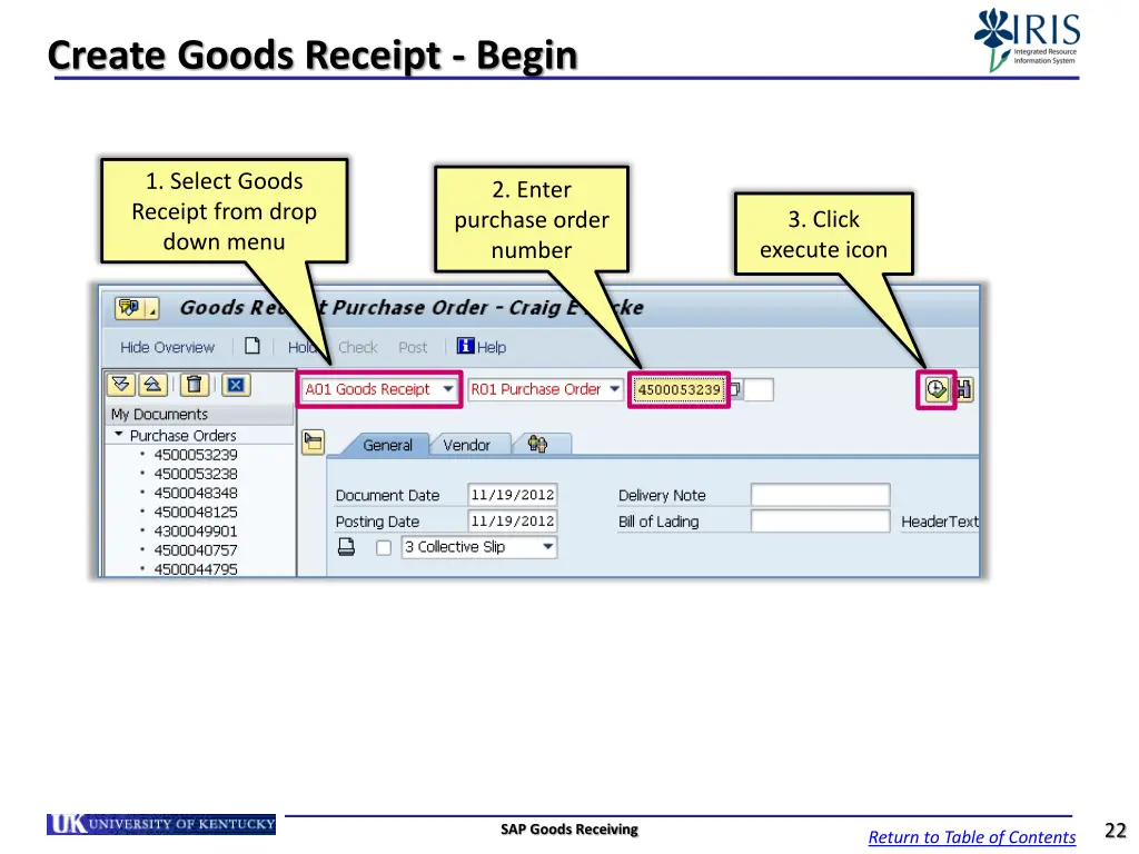 create goods receipt begin