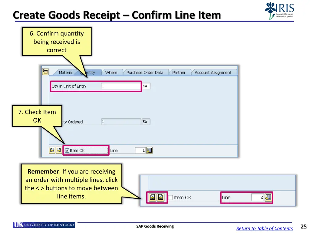 create goods receipt confirm line item