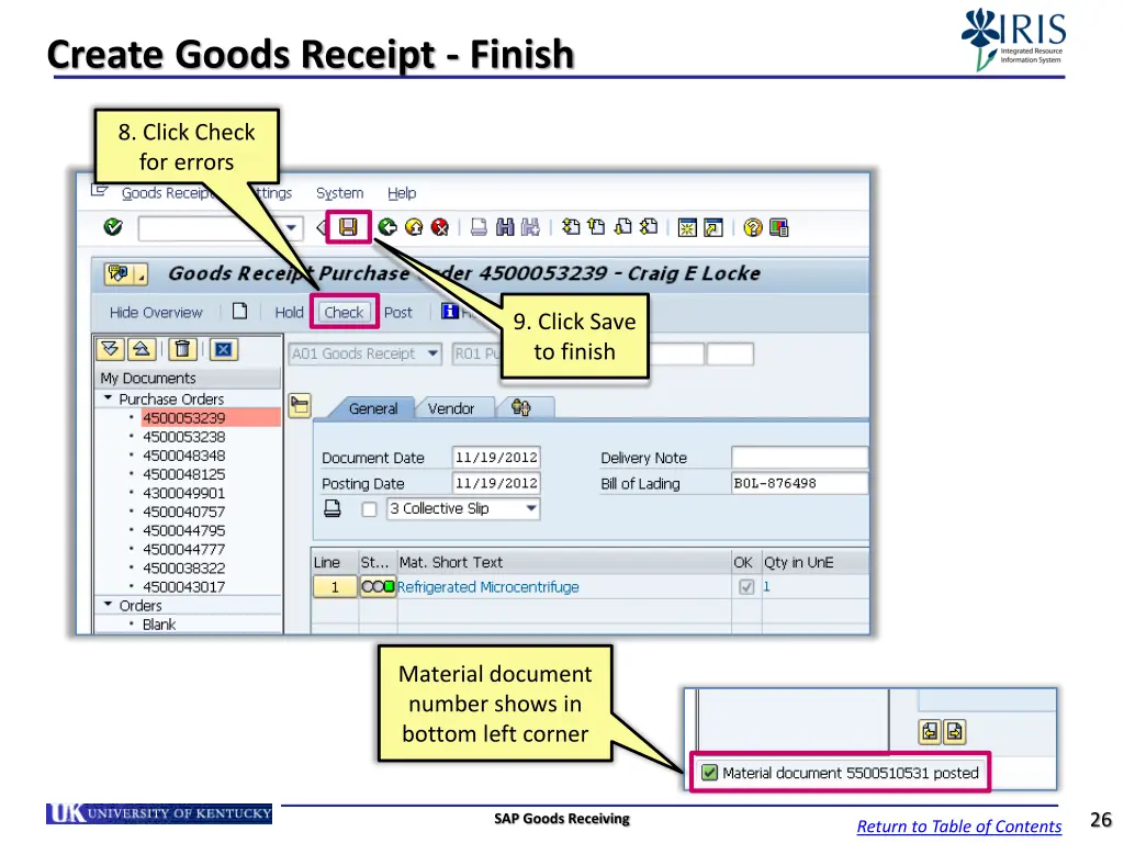 create goods receipt finish