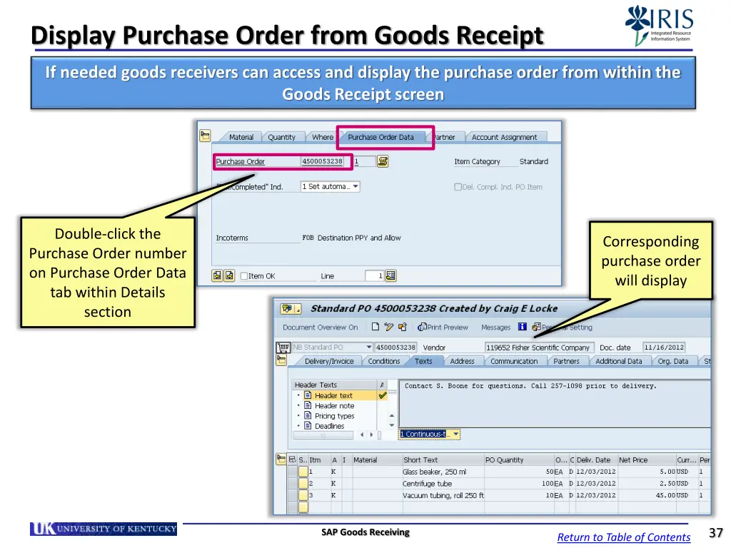 display purchase order from goods receipt