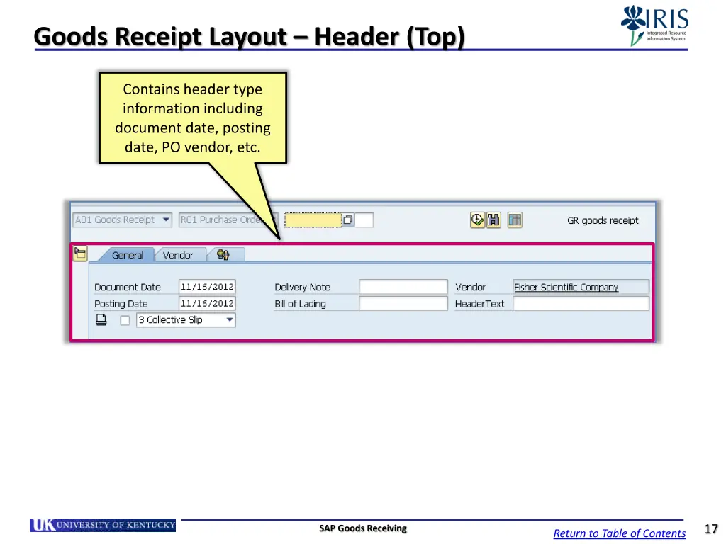 goods receipt layout header top