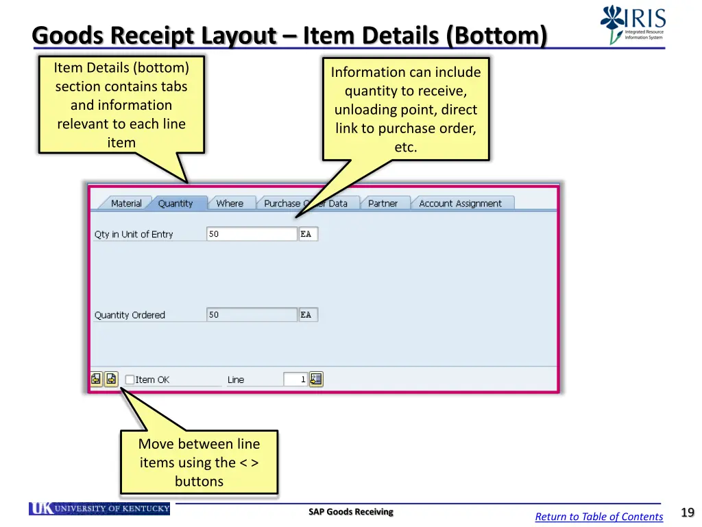 goods receipt layout item details bottom