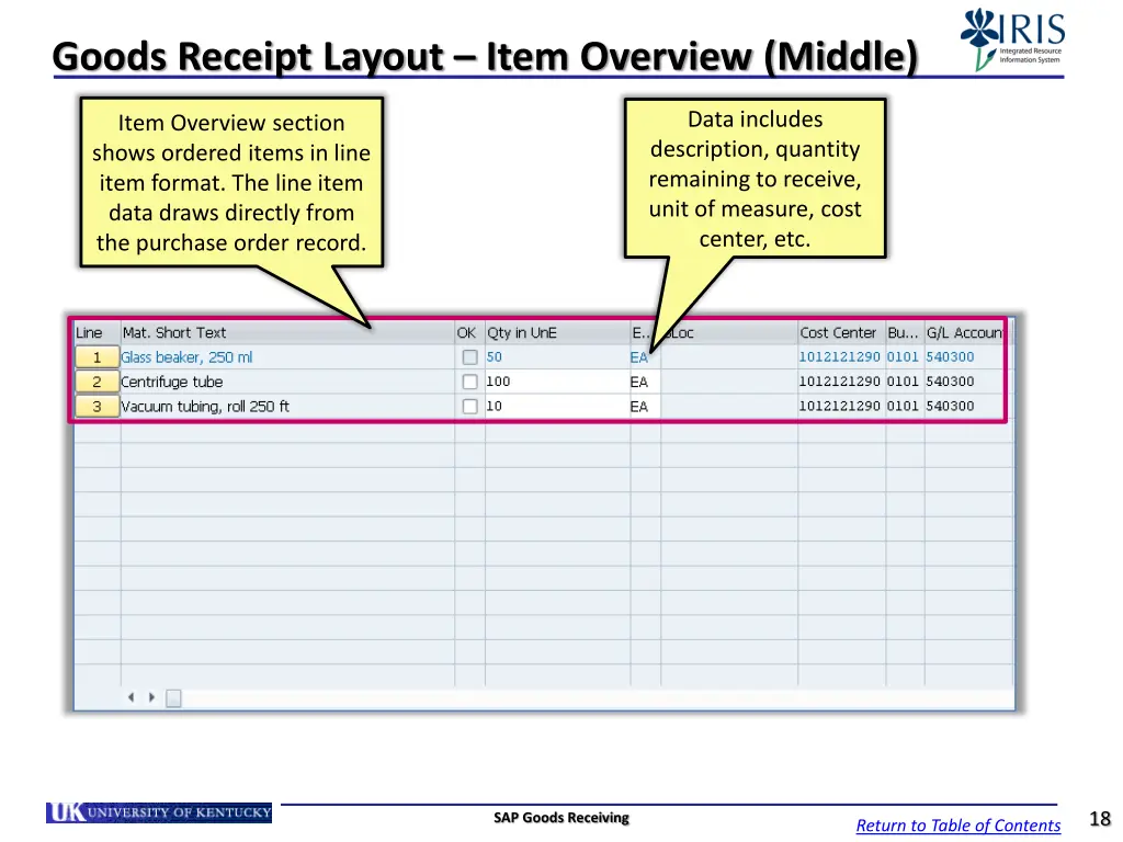 goods receipt layout item overview middle