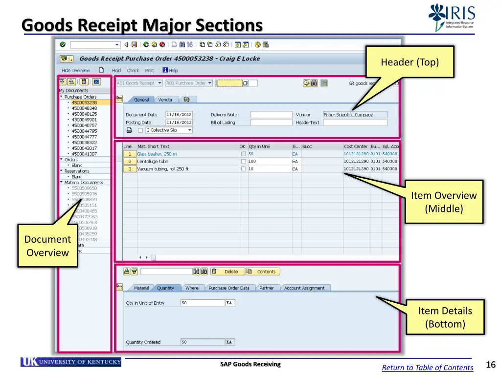 goods receipt major sections