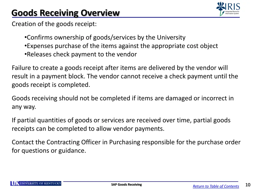 goods receiving overview creation of the goods