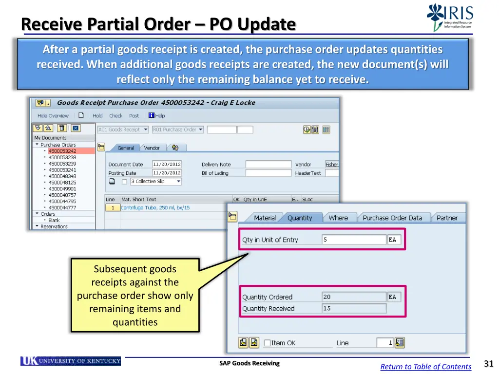 receive partial order po update