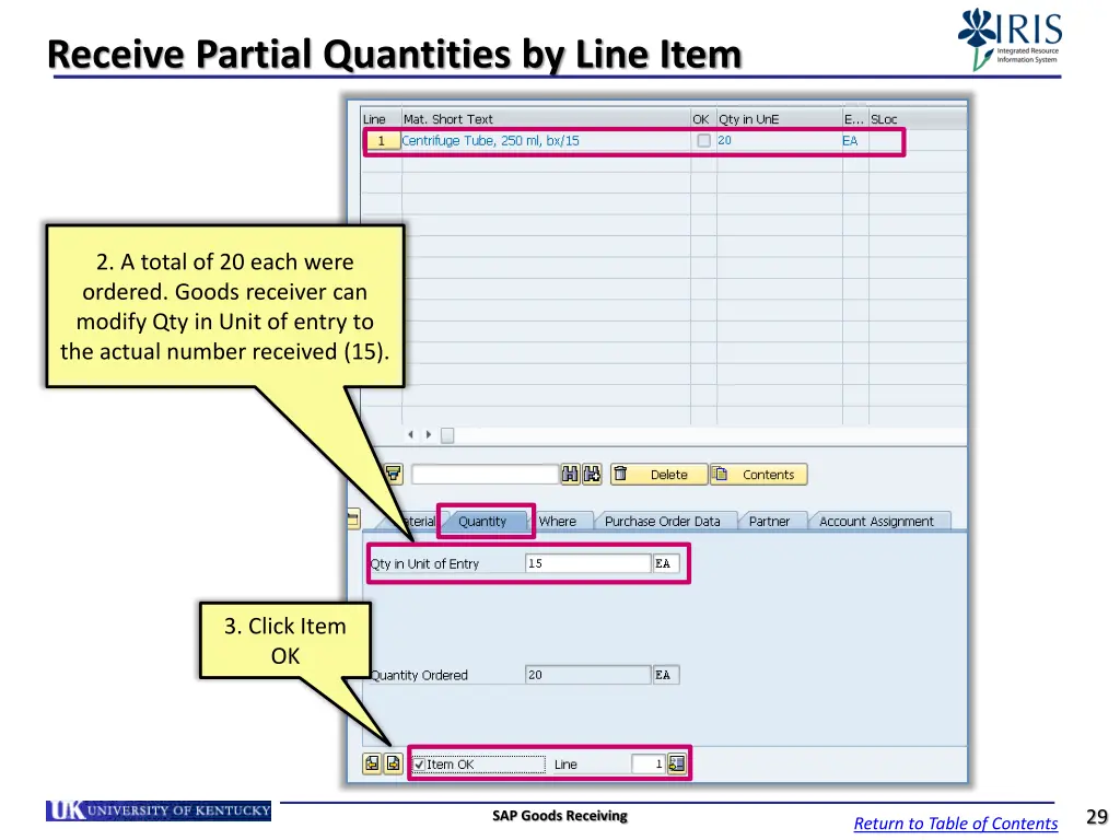 receive partial quantities by line item