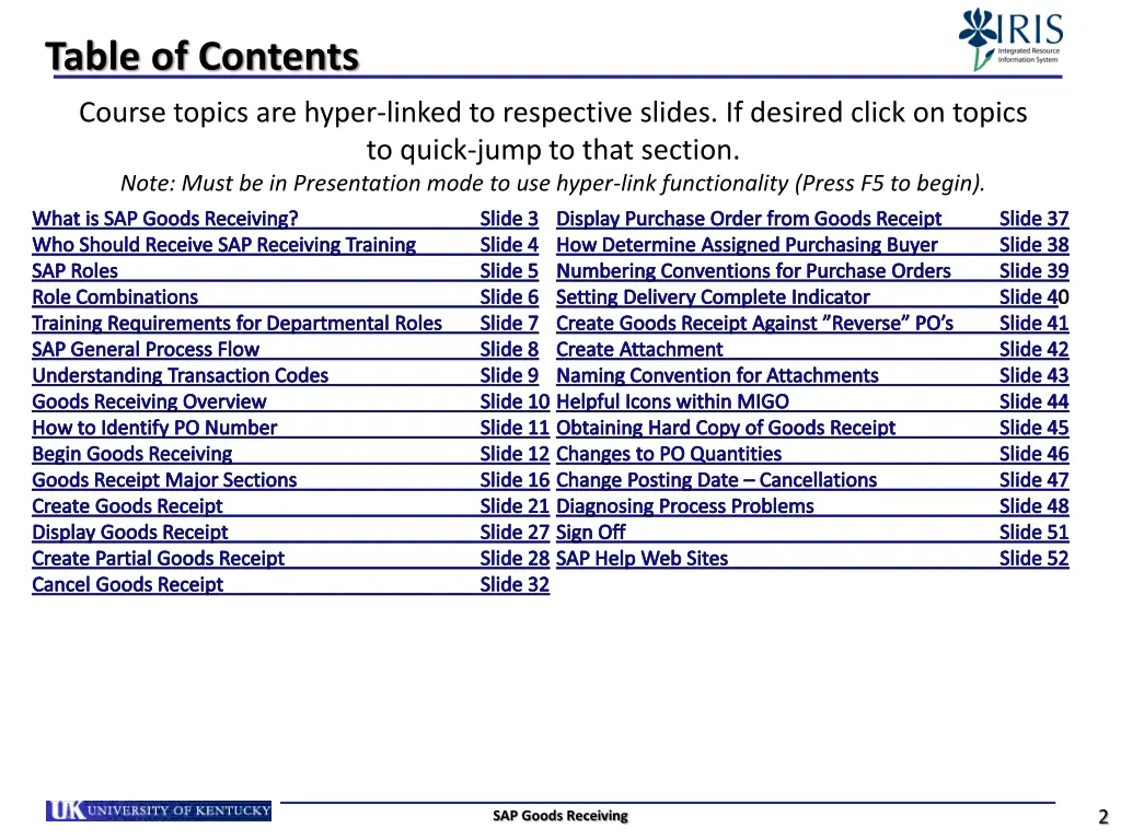 table of contents