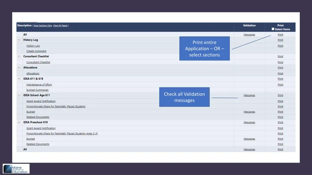 print entire application or select sections