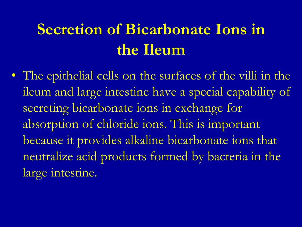 secretion of bicarbonate ions in the ileum