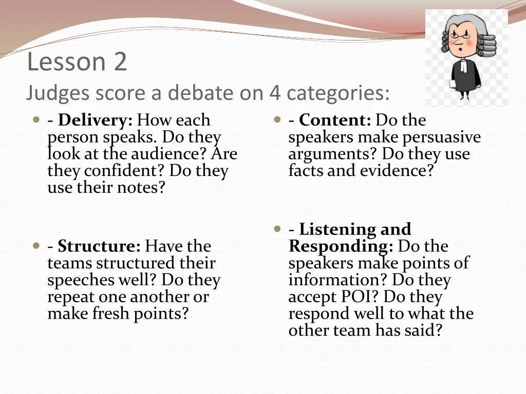 lesson 2 judges score a debate on 4 categories