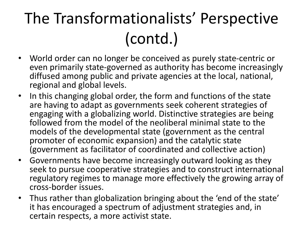 the transformationalists perspective contd