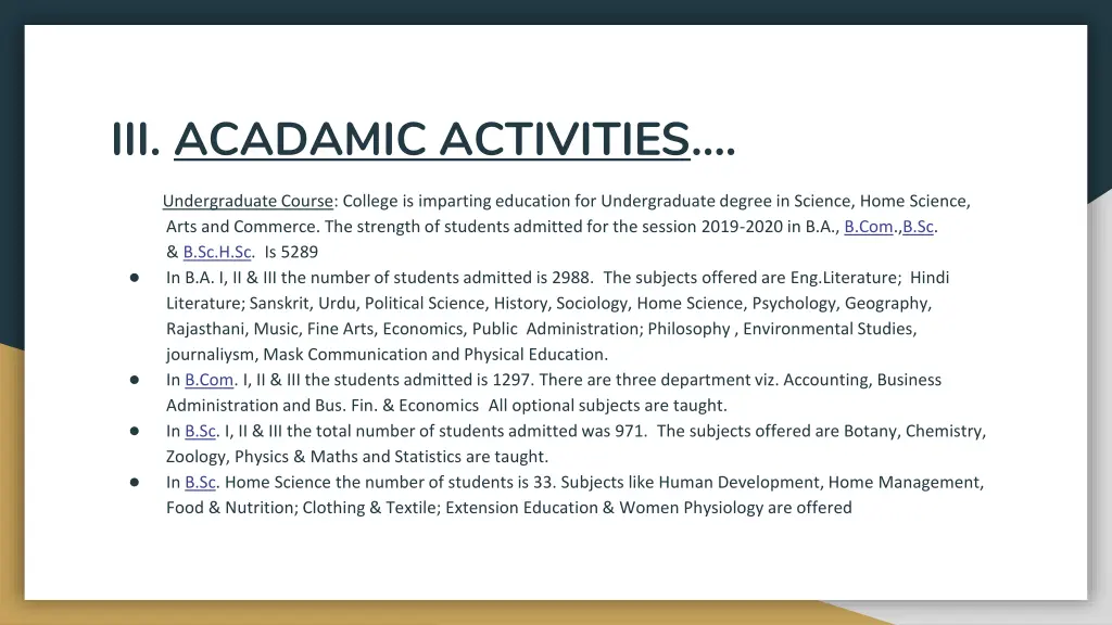 iii acadamic activities