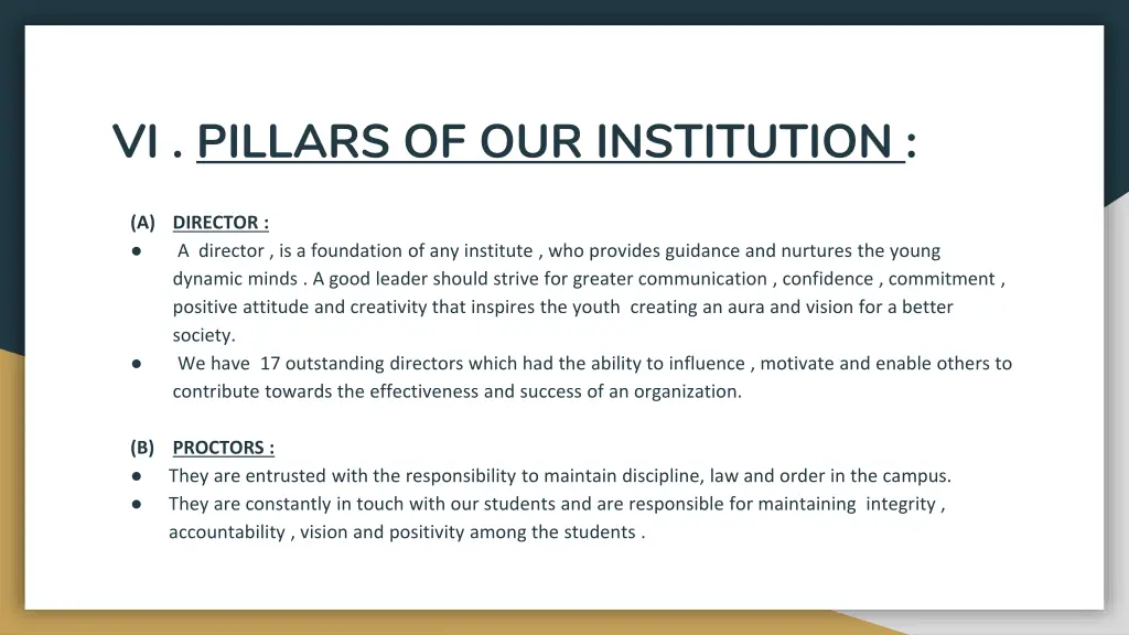 vi pillars of our institution