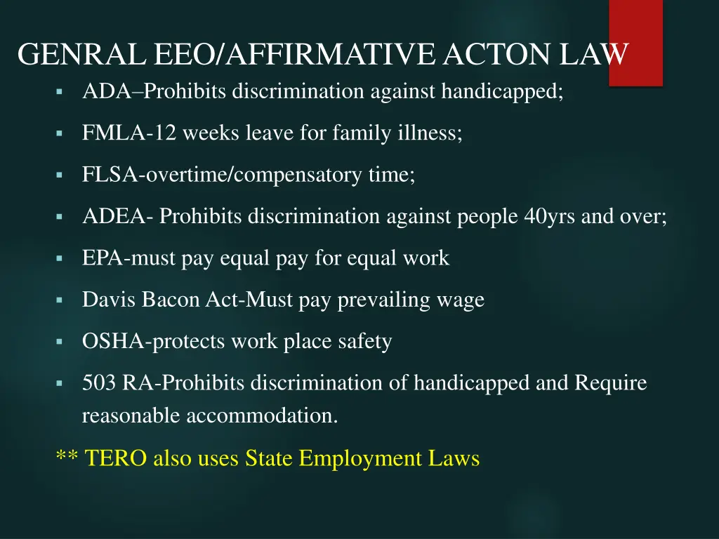 genral eeo affirmative acton law ada prohibits