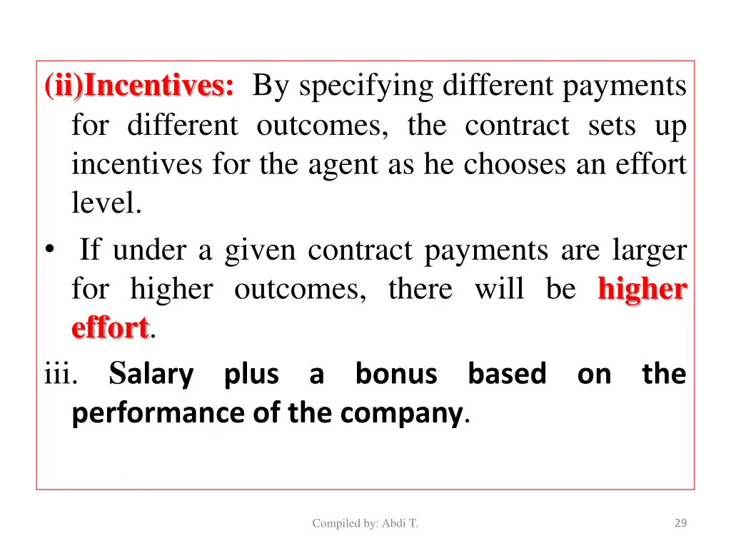 ii incentives by specifying different payments