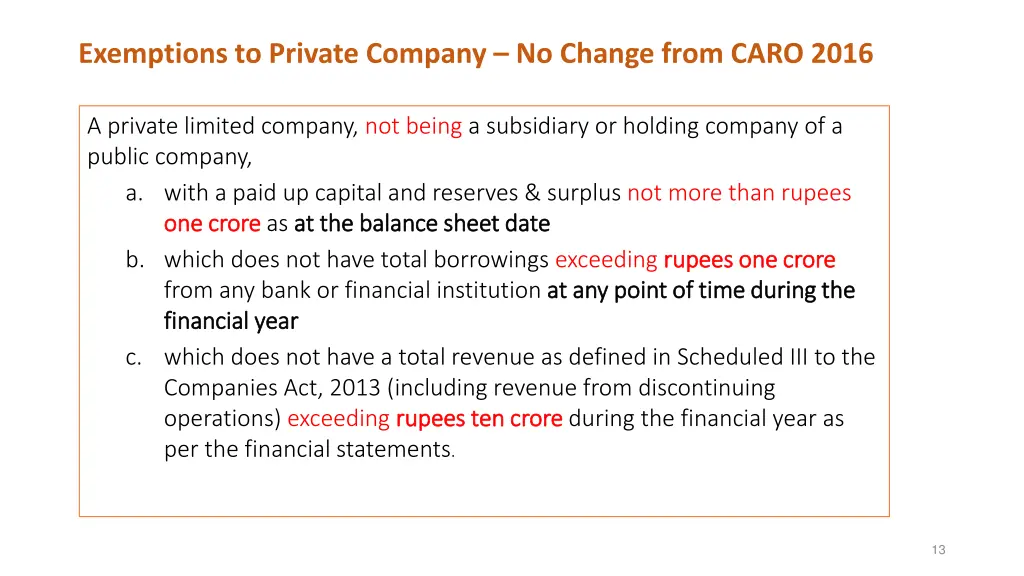 exemptions to private company no change from caro