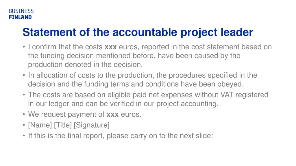 statement of the accountable project leader