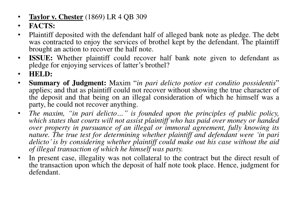 taylor v chester 1869 lr 4 qb 309 facts plaintiff